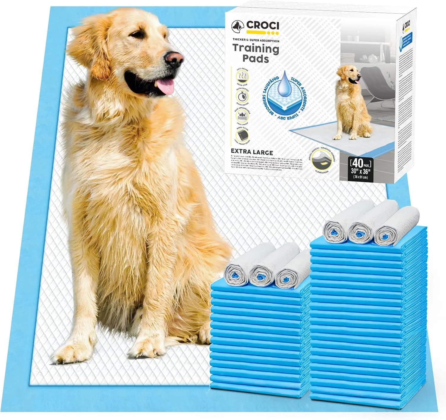 CROCI Puppy Pads XXL 30x36in Thicker Heavy Absorbency Dog Pads, Dog Pee Pads Absorbs Up to 8-Cup of Liquid, 6-Layer Pee Pads for Dogs Leak-Proof & Quick Drying, Disposable (40 Counts)