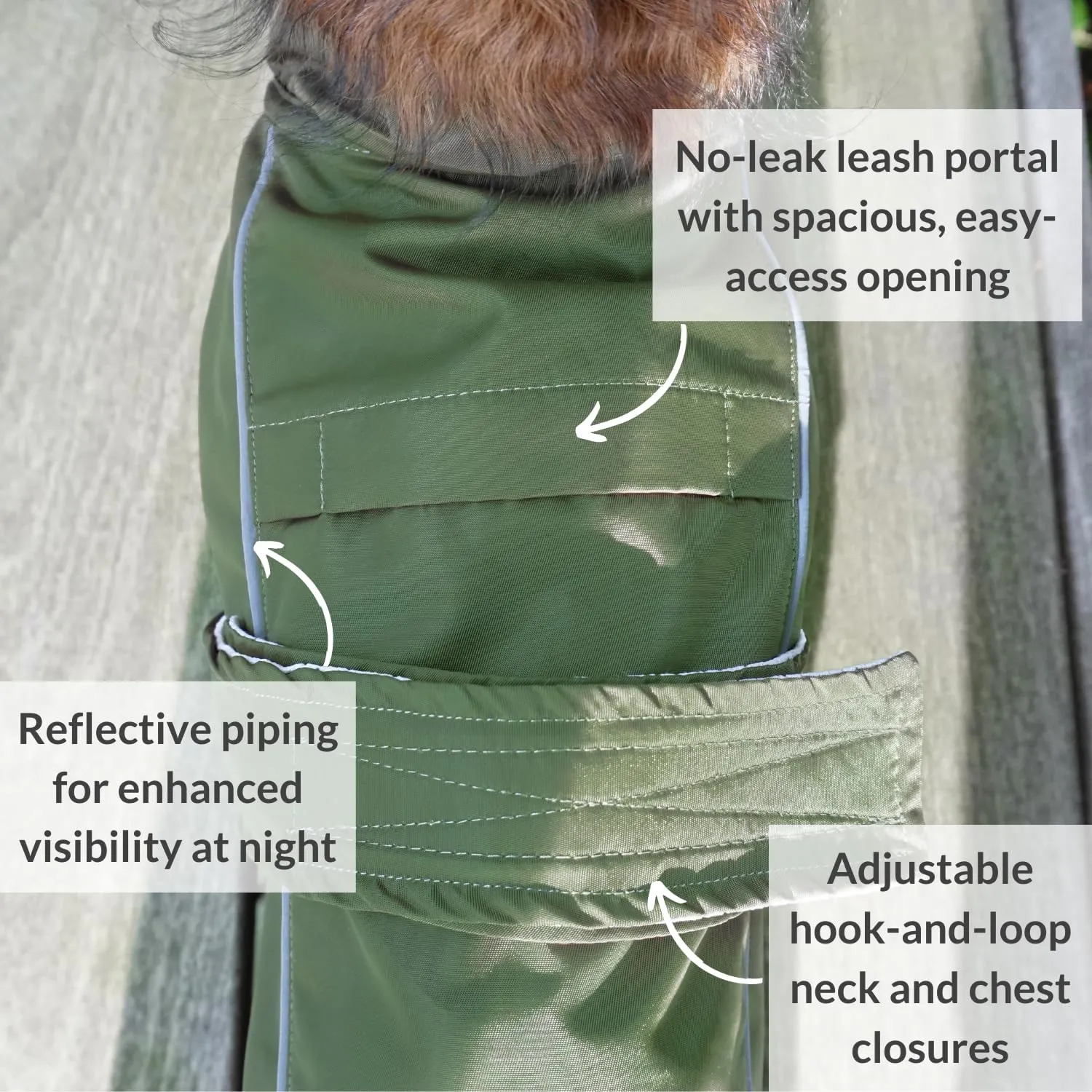 DJANGO City Slicker Waterproof Dog Raincoat and Lightweight Jacket for Long Dogs - Full Coverage Puppy Coat and Reflective Rain Slicker and Windbreaker - Adjustable with Harness Hole (Kombu, Large)