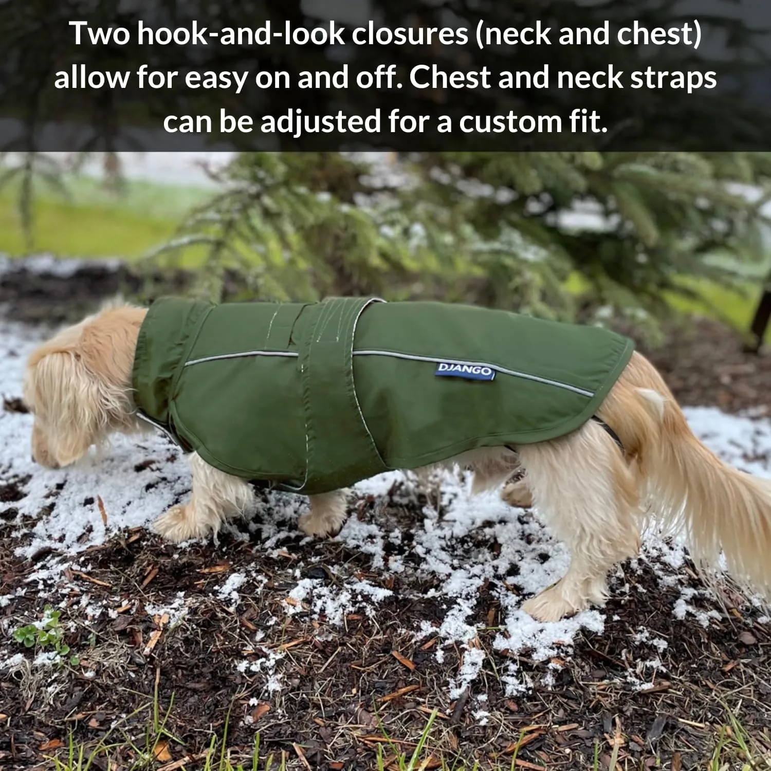 DJANGO City Slicker Waterproof Dog Raincoat and Lightweight Jacket for Long Dogs - Full Coverage Puppy Coat and Reflective Rain Slicker and Windbreaker - Adjustable with Harness Hole (Kombu, Large)