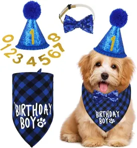 Dog Birthday Party Set, Blue, Small: Boy Dog Birthday Decorations, Bandana, Hat, Bow Tie with 0-8 Numbers for Small Dogs Puppies