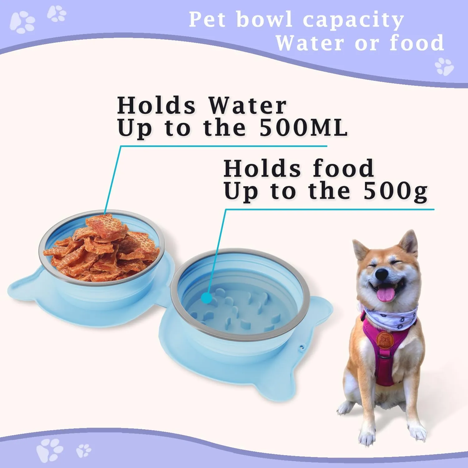 Dog Bowls Pet Collapsible Bowl Slow Feeder Outdoor, Dog Travel Bowls Portable Foldable Cat Water Dish Bowl for Pets Walking Parking Camping Purple