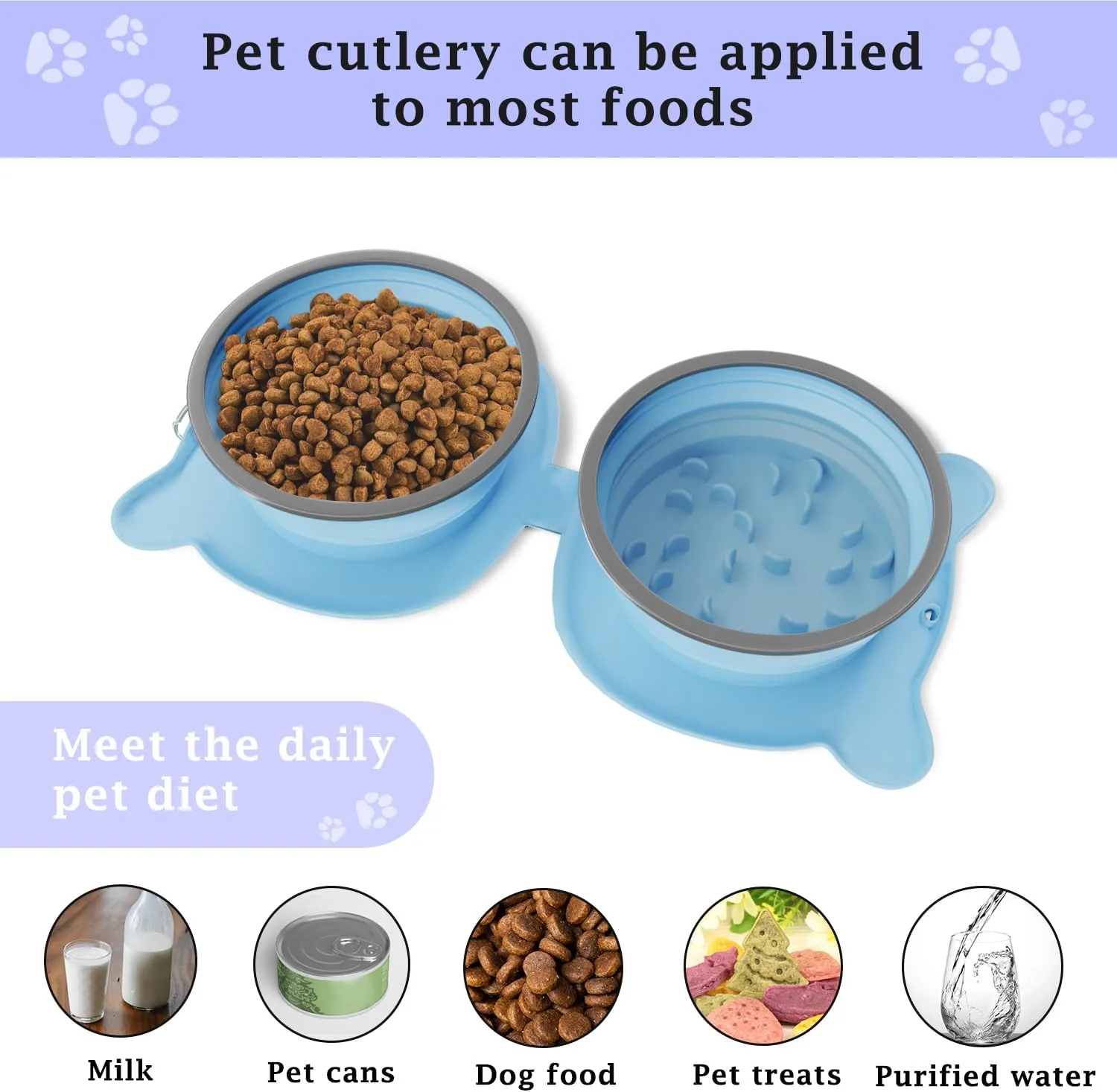 Dog Bowls Pet Collapsible Bowl Slow Feeder Outdoor, Dog Travel Bowls Portable Foldable Cat Water Dish Bowl for Pets Walking Parking Camping Purple