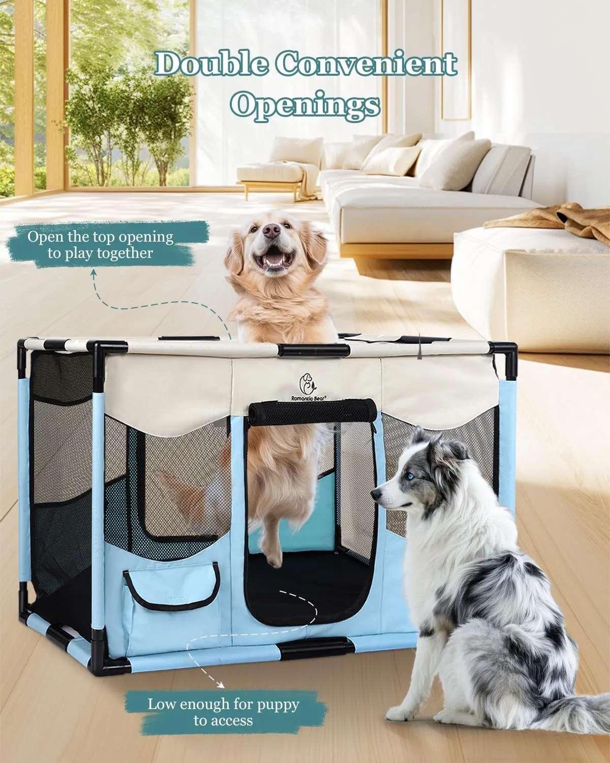 Dog Playpen, Sturdy Puppy Playpens, 32x24x22 Portable Soft Cat Kennel Crate, Indoor & Outdoor Pet Pen with PVC Pipe Frame, Lightweight Cage for Small Animals with Carrying Bag