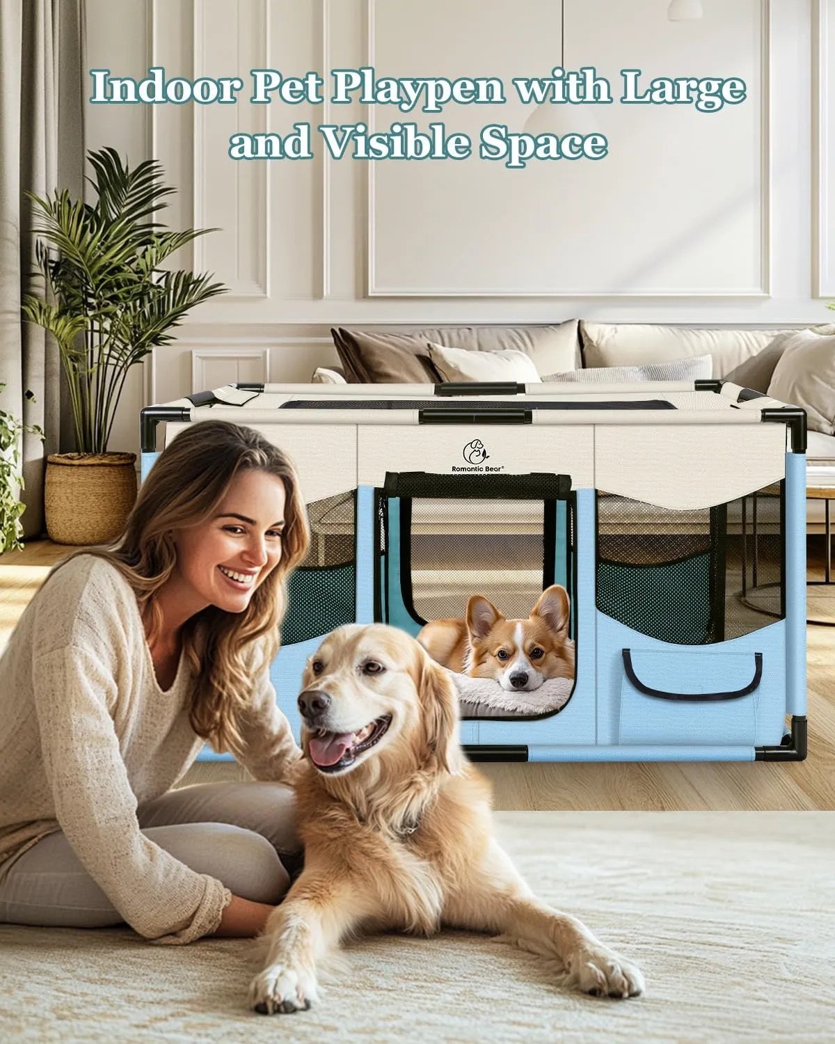 Dog Playpen, Sturdy Puppy Playpens, 32x24x22 Portable Soft Cat Kennel Crate, Indoor & Outdoor Pet Pen with PVC Pipe Frame, Lightweight Cage for Small Animals with Carrying Bag