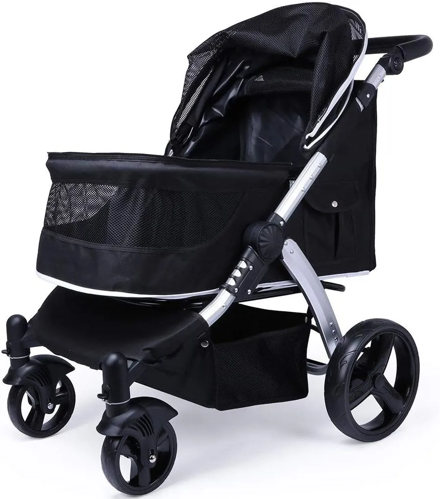 Dog Pram Pet Dog Cat Animal Stroller Dog for Traveling 2 Front Swivel Wheels & Rear Brake max Loading 25 kg (Black) (Black)