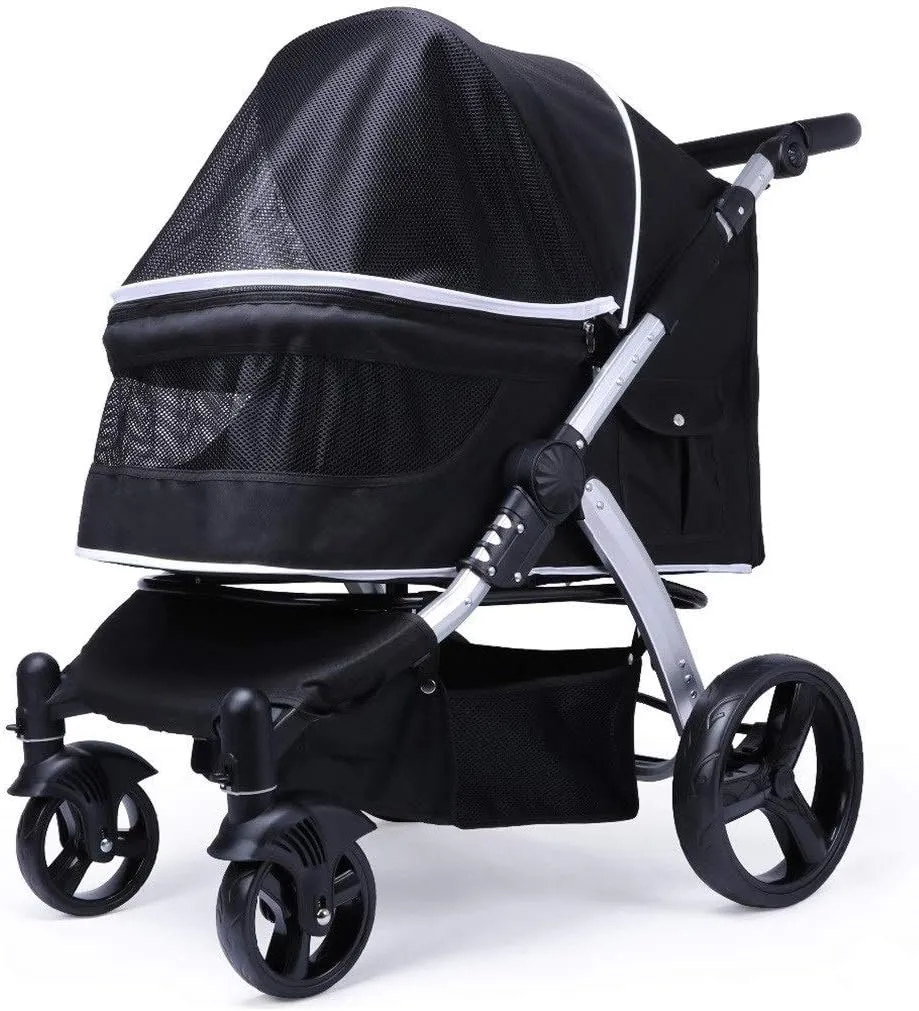 Dog Pram Pet Dog Cat Animal Stroller Dog for Traveling 2 Front Swivel Wheels & Rear Brake max Loading 25 kg (Black) (Black)