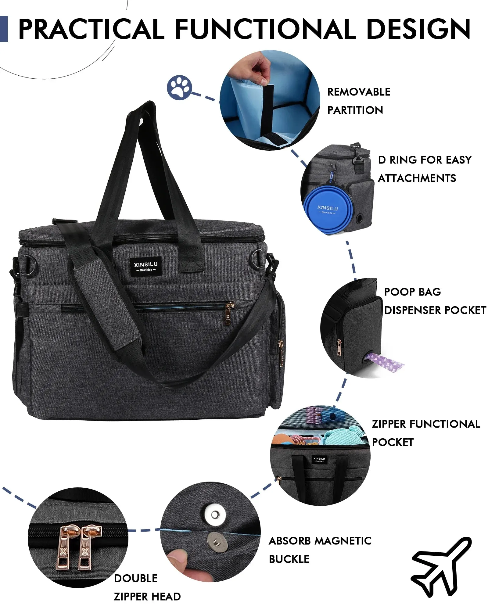 Dog Travel Bag, Weekend Pet Travel Set for Dog and Cat, Airline Approved Tote Organizer with Multi-Function Pockets-Dark Gray