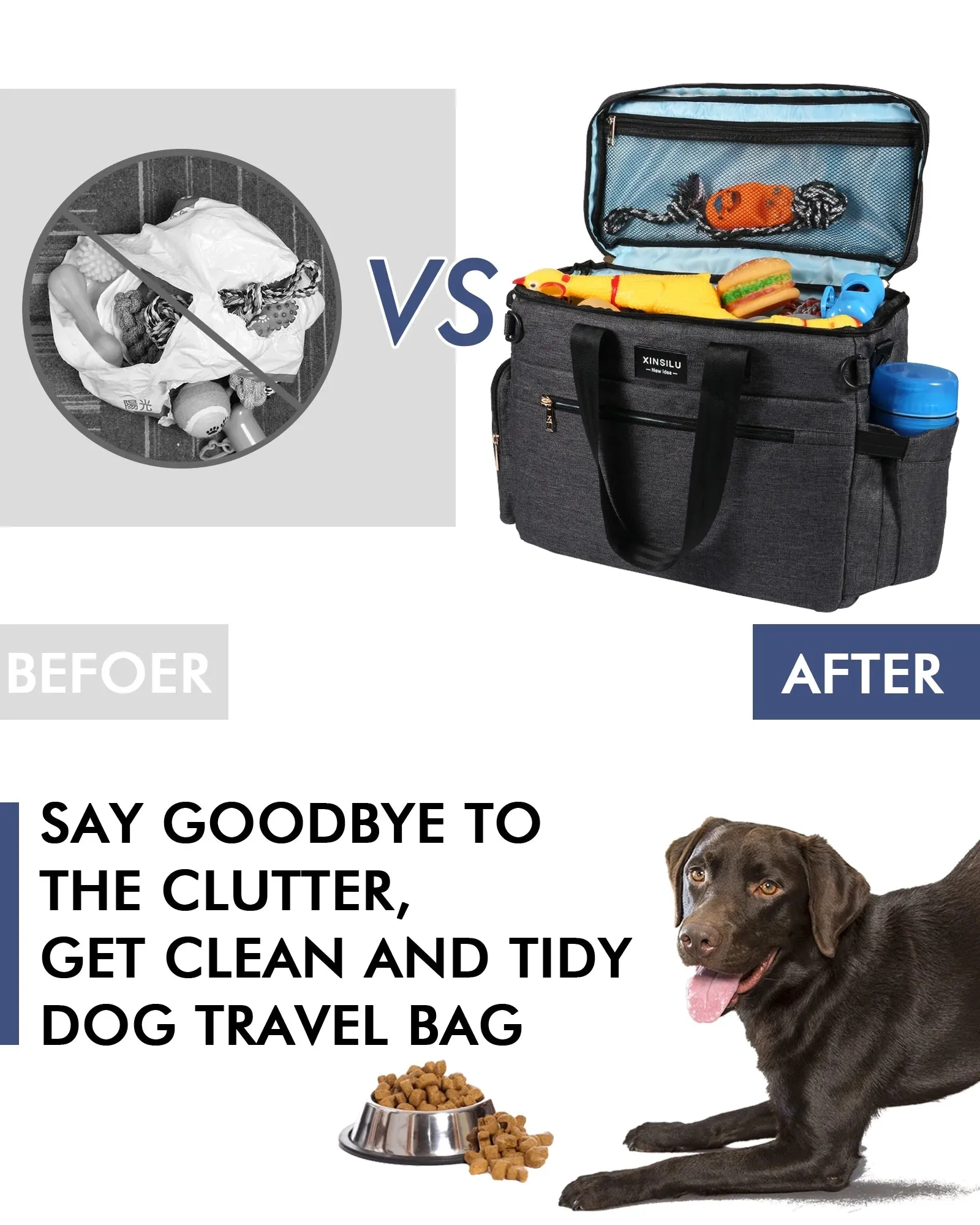 Dog Travel Bag, Weekend Pet Travel Set for Dog and Cat, Airline Approved Tote Organizer with Multi-Function Pockets-Dark Gray