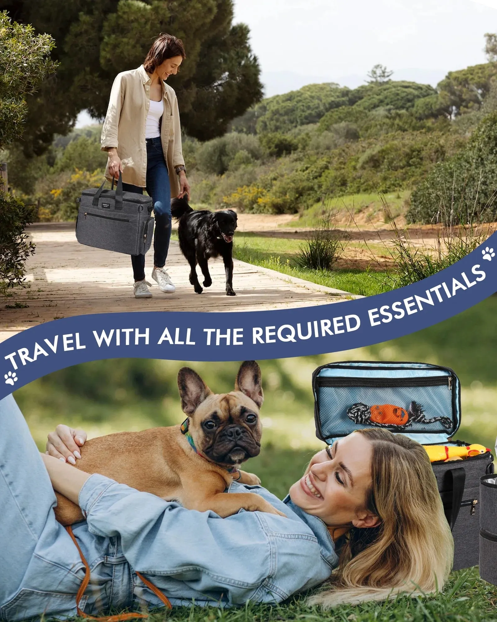 Dog Travel Bag, Weekend Pet Travel Set for Dog and Cat, Airline Approved Tote Organizer with Multi-Function Pockets-Dark Gray