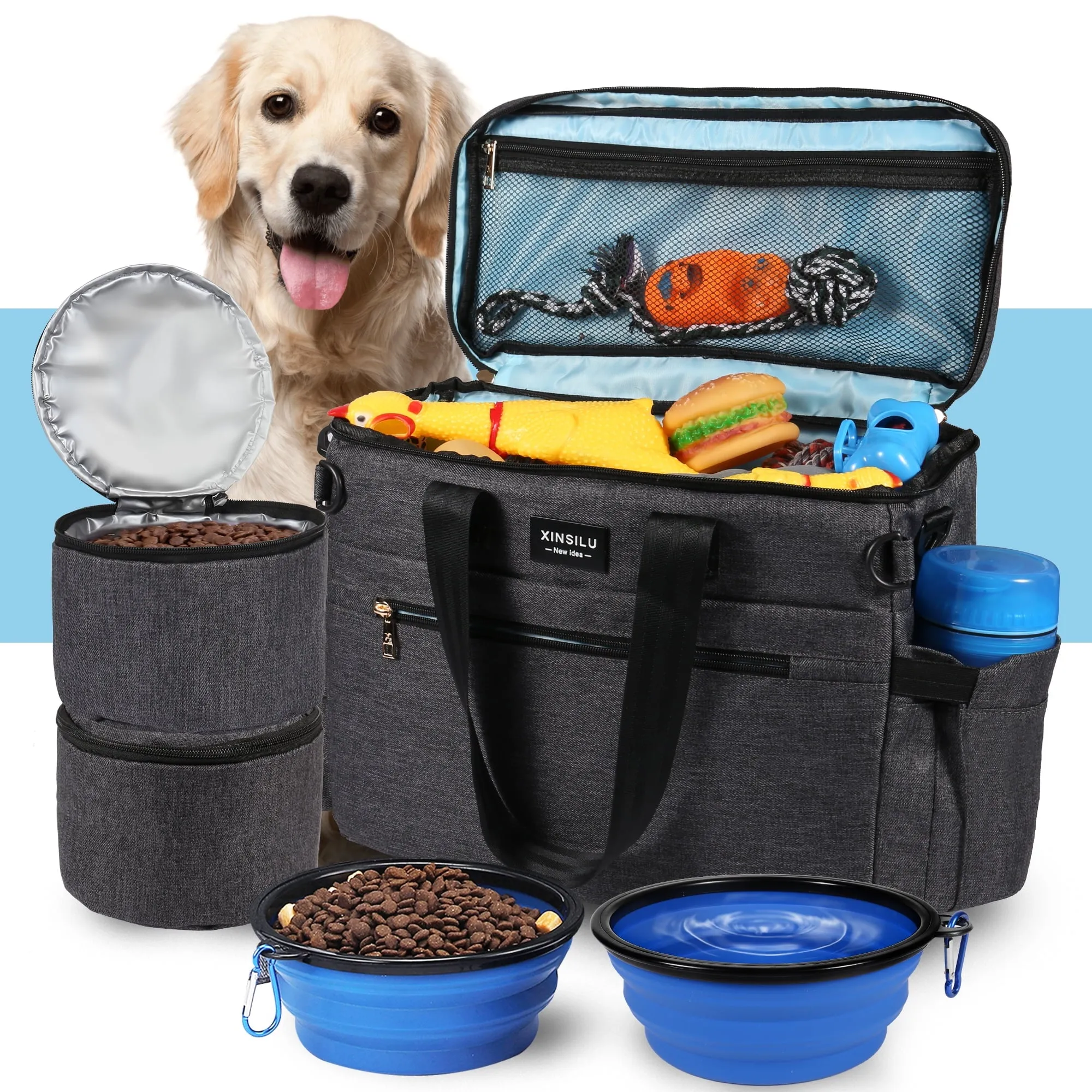Dog Travel Bag, Weekend Pet Travel Set for Dog and Cat, Airline Approved Tote Organizer with Multi-Function Pockets-Dark Gray