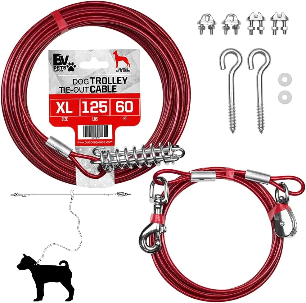 Dog trolly cable Dog Trolley Cable, Dog Trolley System, Camping for Dogs - up to 125 Lbs | Dog Runner Outside, Dog Cable for Yard Heavy Duty | Dog Cable 60 Ft | Outdoor Camping Zipline (125Lbs/ 60Ft/ Trolley)