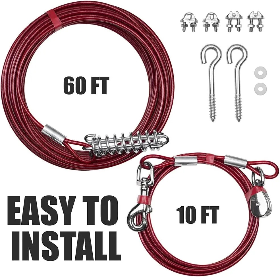Dog trolly cable Dog Trolley Cable, Dog Trolley System, Camping for Dogs - up to 125 Lbs | Dog Runner Outside, Dog Cable for Yard Heavy Duty | Dog Cable 60 Ft | Outdoor Camping Zipline (125Lbs/ 60Ft/ Trolley)
