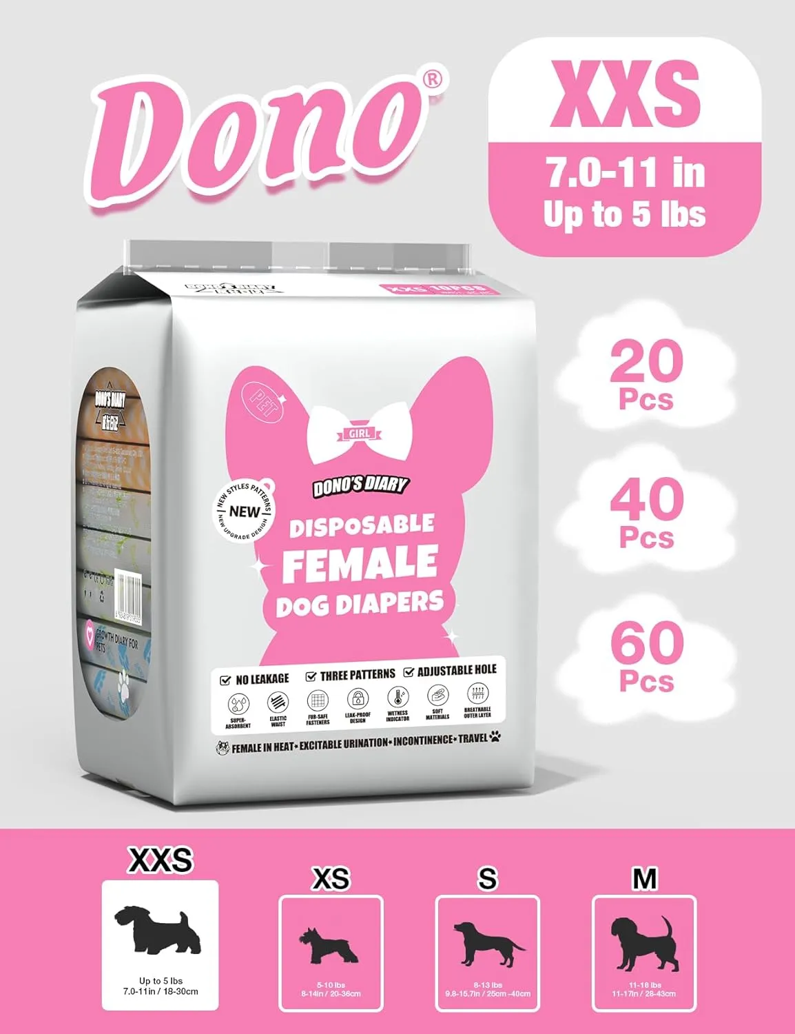 Dono Disposable Dog Diapers Female with Wetness Indicator, Disposable Doggie Diapers for Dogs in Heat, Super Absorbent Leak-Proof Pet Puppy Diapers Female for Peeing Small Medium Large Dogs