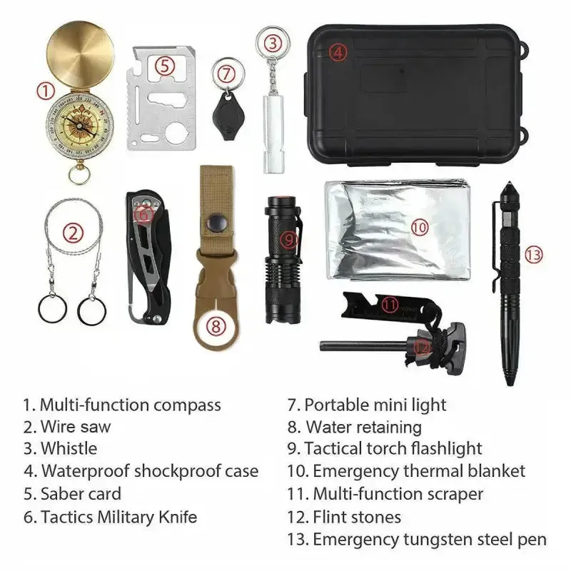 Emergency Survival Gear Kit for Outdoor Activities 14 in 1
