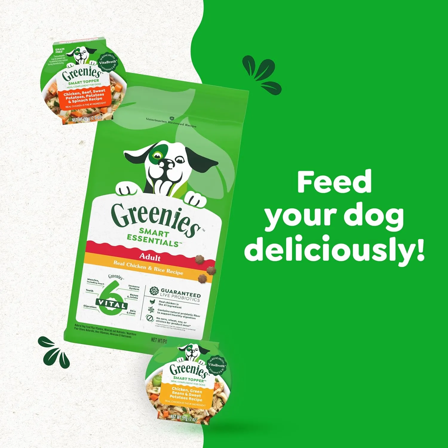 Greenies Smart Topper High Protein Wet Mix-in for Dogs, Chicken, Beef, Sweet Potatoes, Potatoes & Spinach Recipe in Vitabroth Broth- Bone Broth   Vitamins E & B1, 10 Count