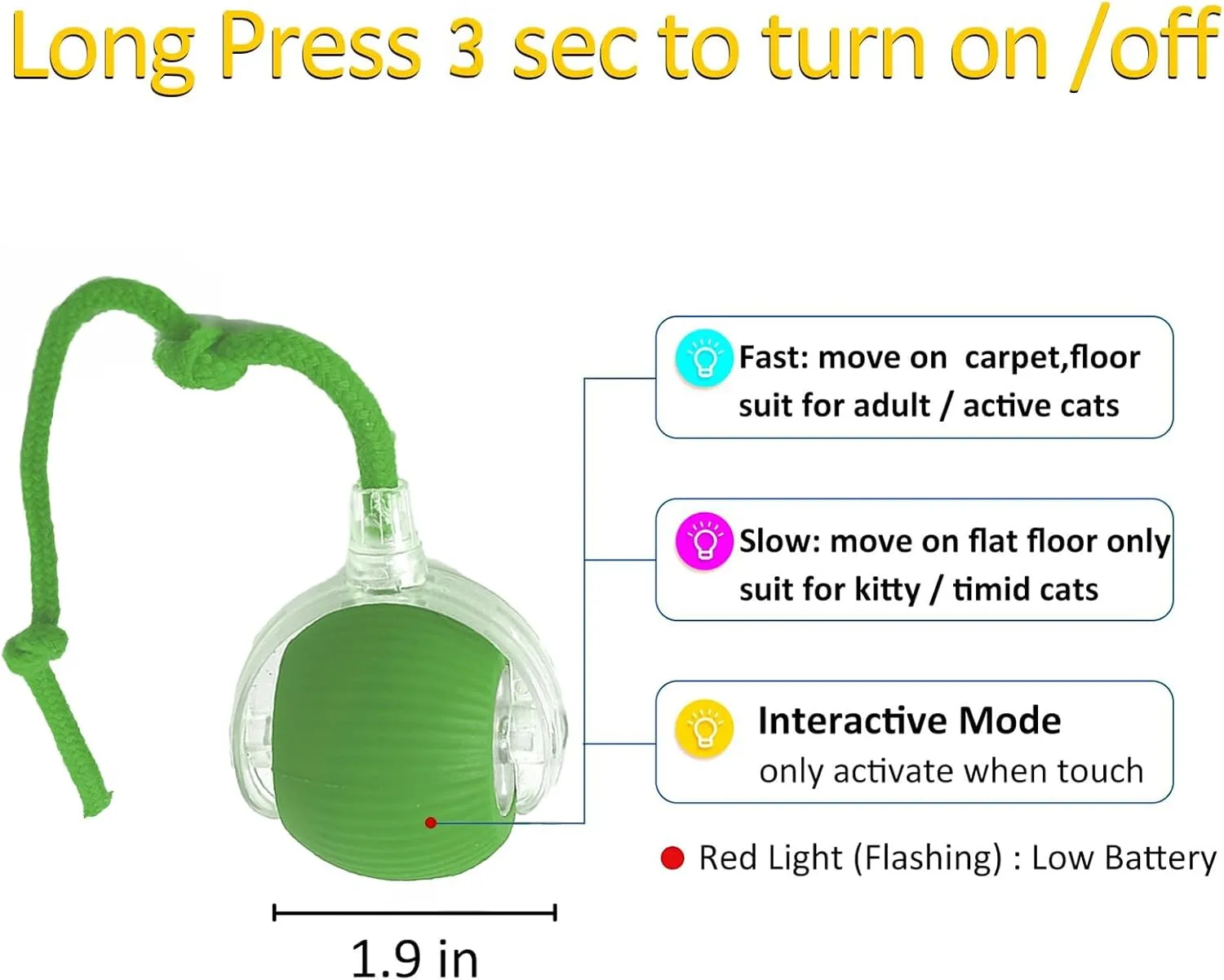 Interactive Cat Toy Ball 2025, Smart Automatic Rolling Ball for Indoor Cats, Fast Moving Mouse Cord Design, Self-Rolling Cat Toy on Carpet, Fun Gift for Kittens & Cats (Green)
