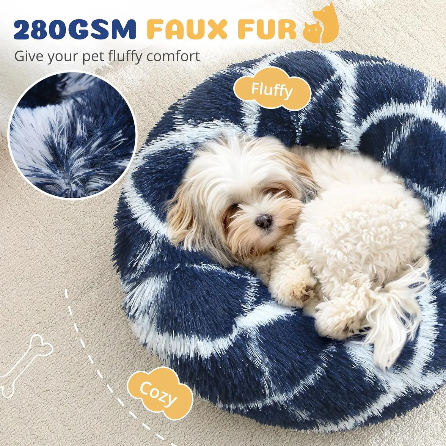 JOLLYVOGUE Donut Dog & Cat Bed, Anti-Anxiety Calming Round Pet Bed for Small Dogs, Washable Fluffy Faux Fur Donut Cushion Beds for Small Medium Pets (20")