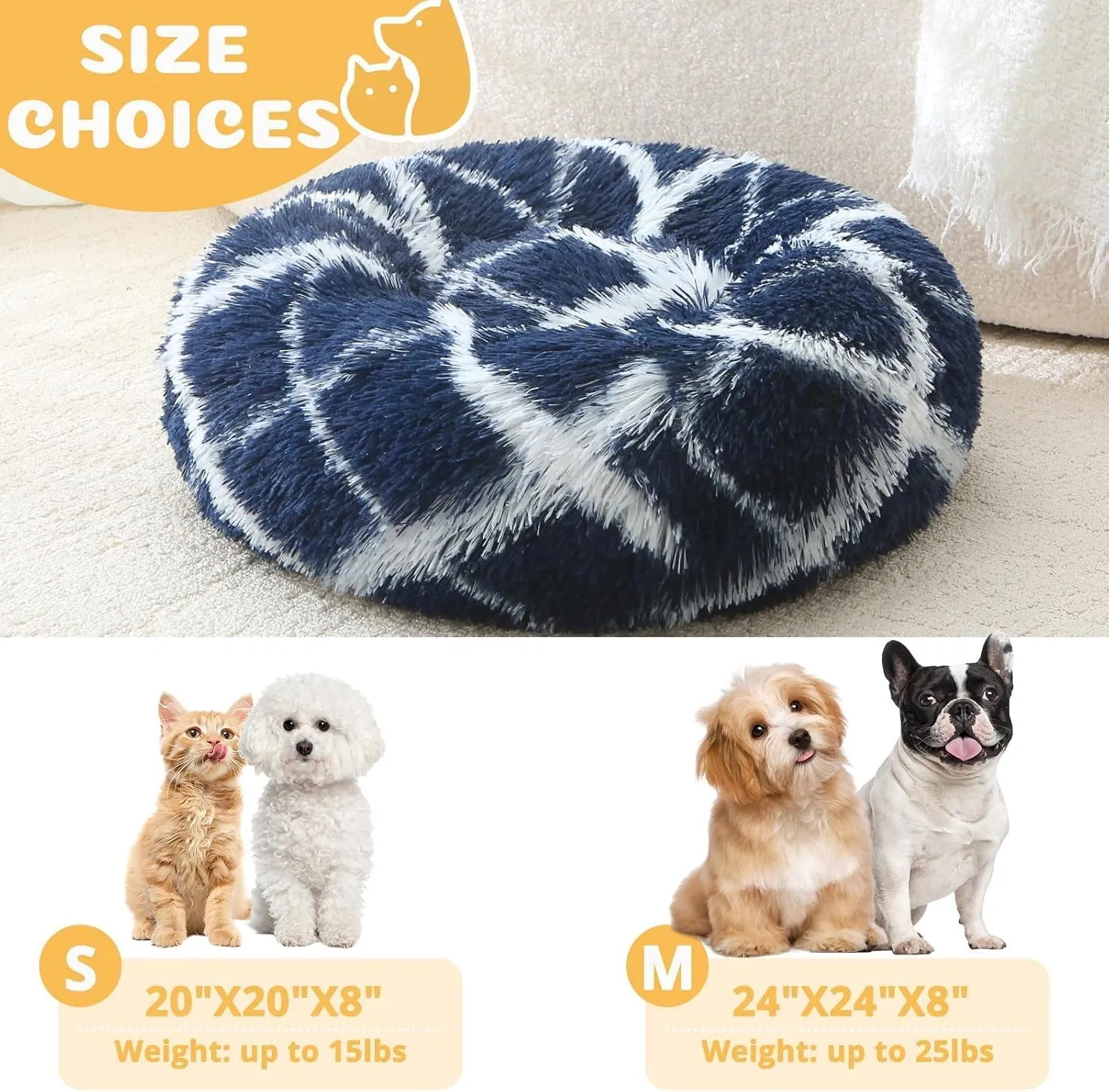 JOLLYVOGUE Donut Dog & Cat Bed, Anti-Anxiety Calming Round Pet Bed for Small Dogs, Washable Fluffy Faux Fur Donut Cushion Beds for Small Medium Pets (20")