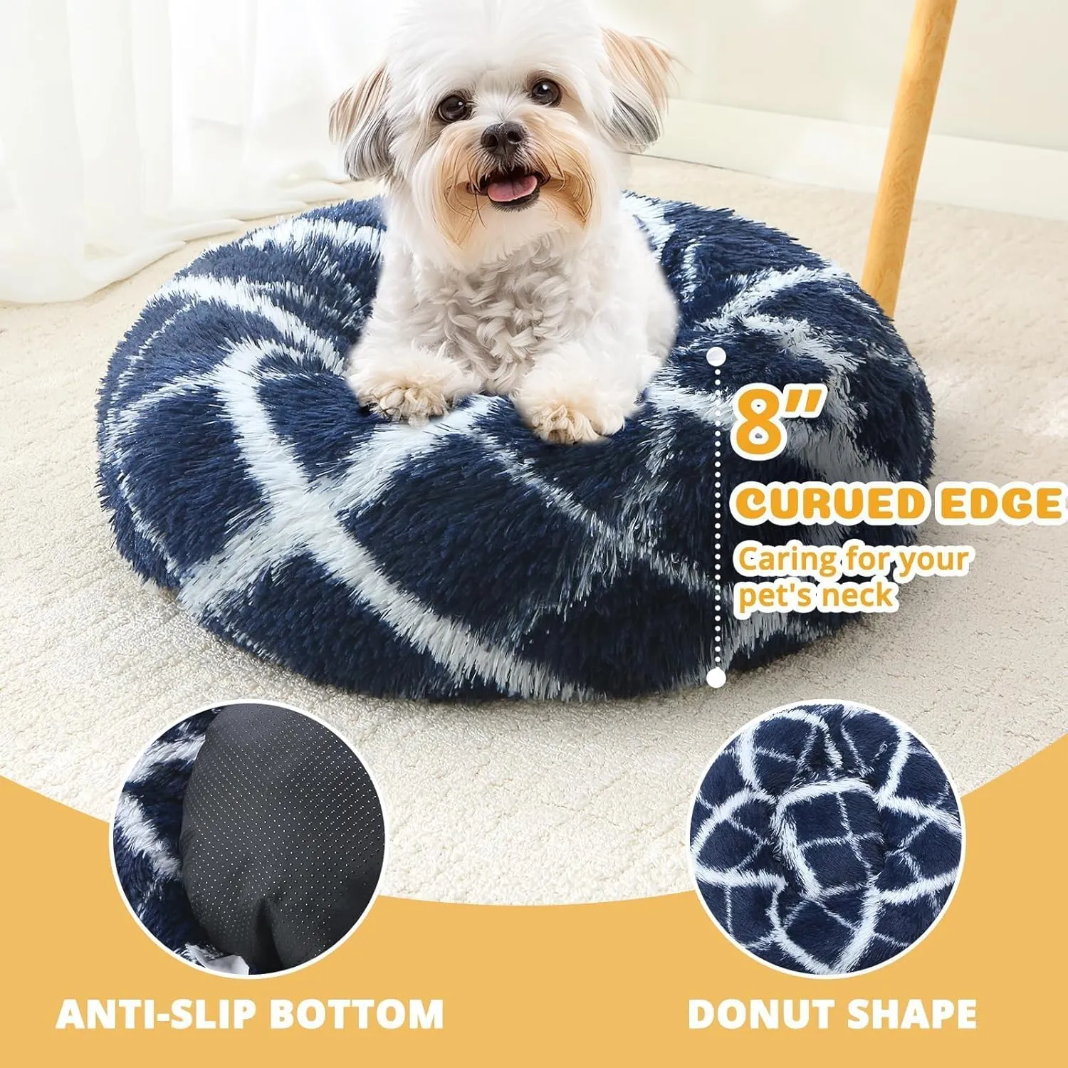 JOLLYVOGUE Donut Dog & Cat Bed, Anti-Anxiety Calming Round Pet Bed for Small Dogs, Washable Fluffy Faux Fur Donut Cushion Beds for Small Medium Pets (20")