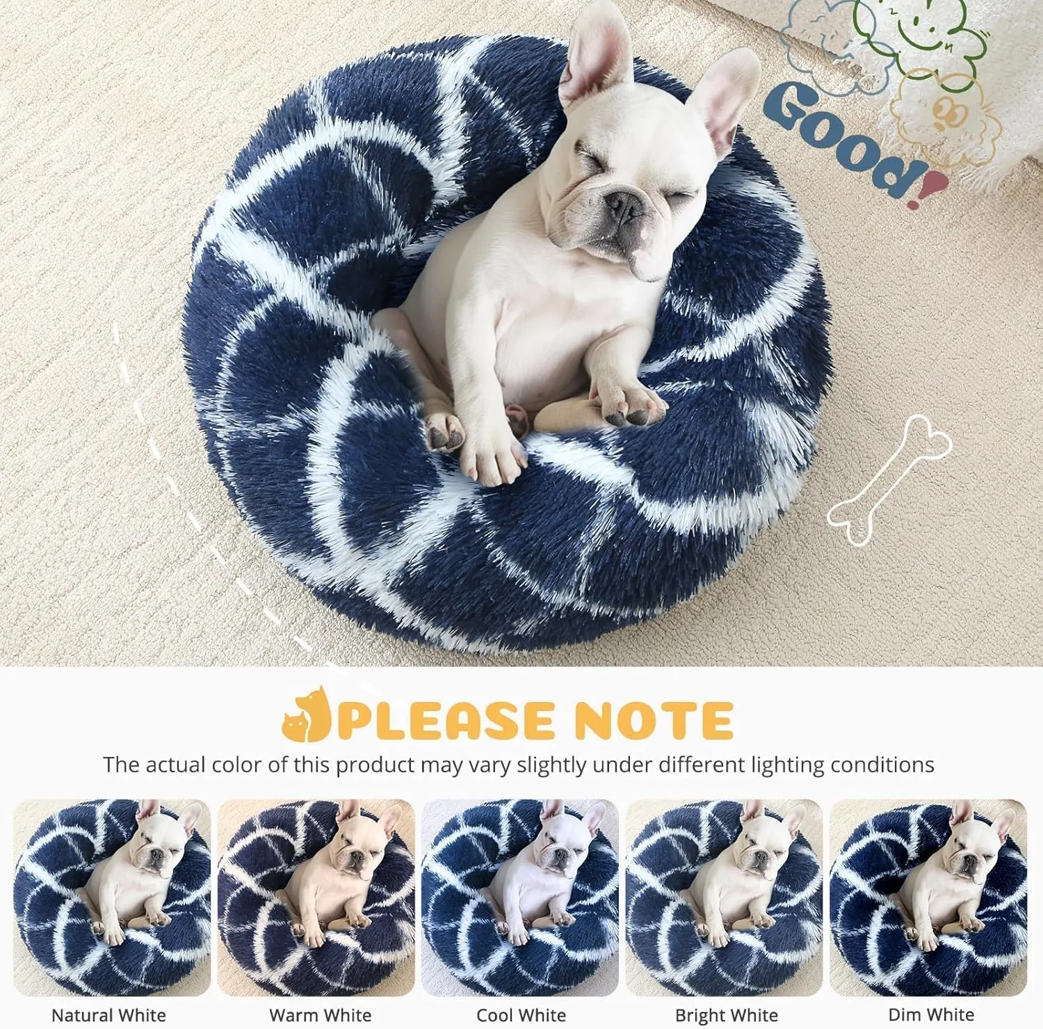 JOLLYVOGUE Donut Dog & Cat Bed, Anti-Anxiety Calming Round Pet Bed for Small Dogs, Washable Fluffy Faux Fur Donut Cushion Beds for Small Medium Pets (20")