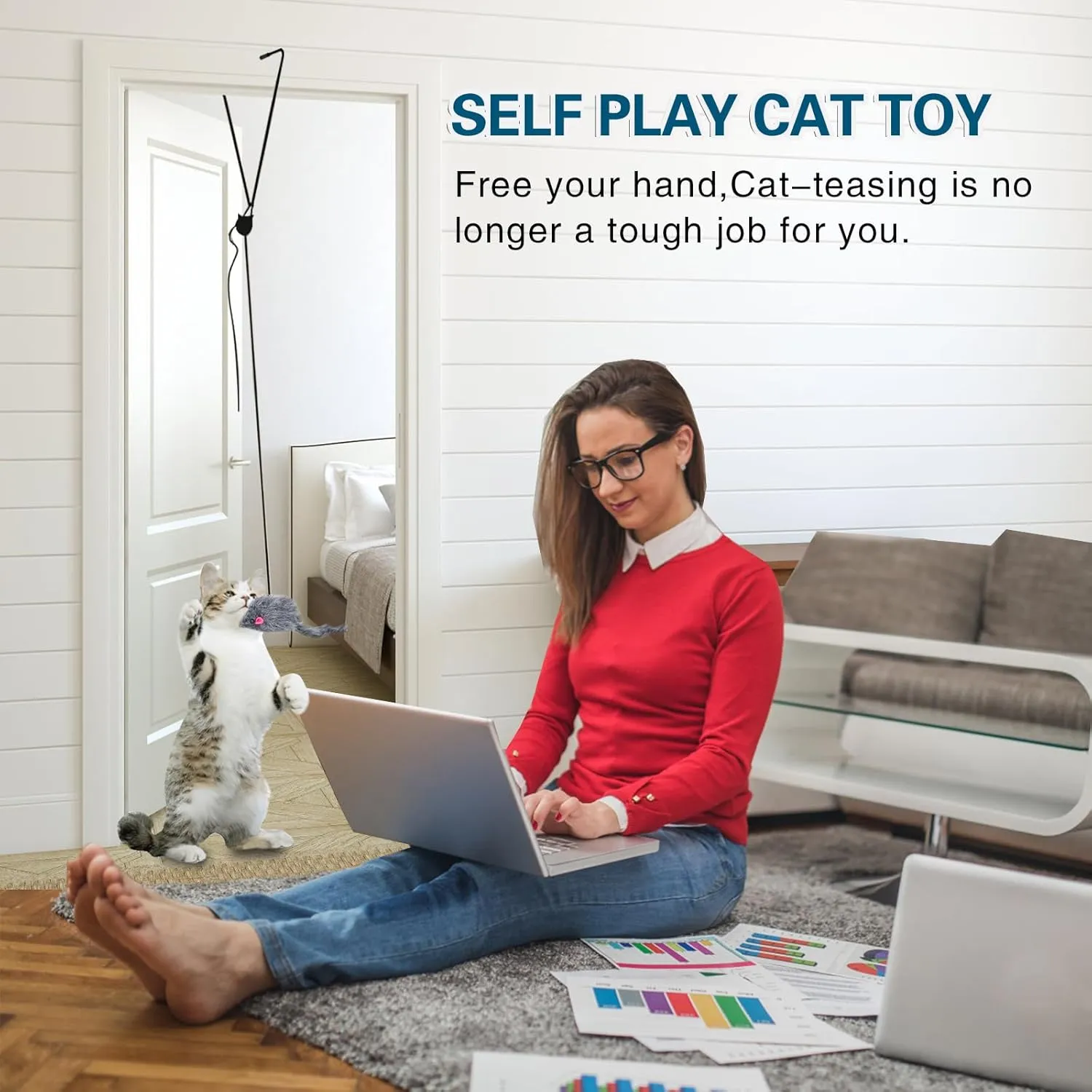Kalimdor Interactive Cat Feather Toys,Retractable Teaser Toy Hanging Interactive Toys for Indoor Cats Kitten Play Chase Exercise, Kitten Mental Exercise Toys (1 Pack)