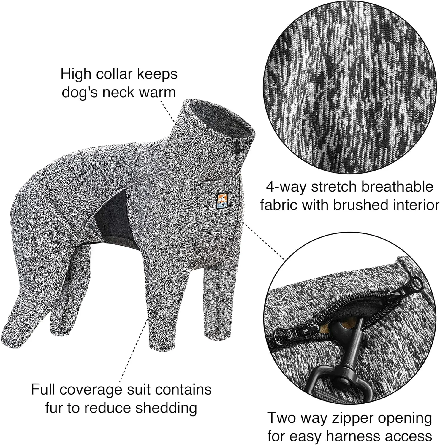 Kurgo Dog Onesie Body Warmer, Bodysuit for Dogs, Recovery Suit, Pet Pajamas, Reduce Anxiety, Contains Shedding, Leash Opening, Reflective, Stowe Base Layer, Heather Black/Grey (Medium)