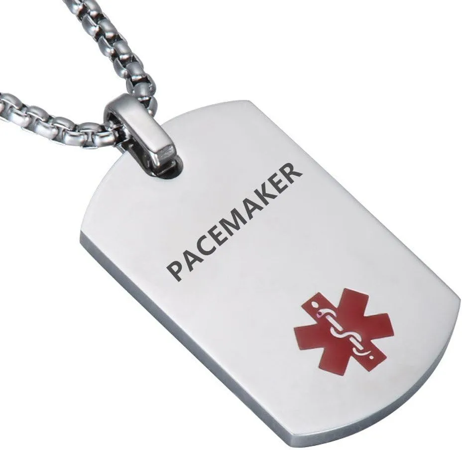LF Stainless Steel PACEMAKER Medical Alert Dog Tag ID Pendant Caduceus necklace for Men Women Teens Health Alert Monitoring Systems,Silver