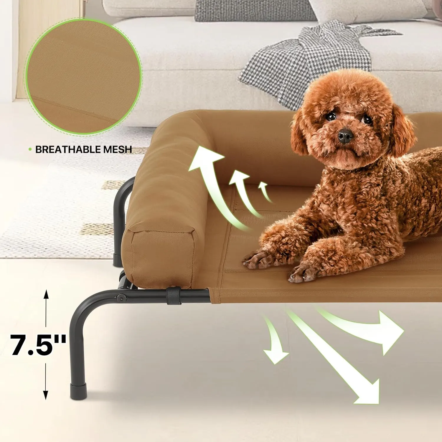 Magshion Outdoor Elevated Dog Bed w/Removable Bolster, Portable Raised Indoor Dog Puppy Cots Beds with Breathable Mesh for Small Dogs up to 25 lbs, Brown