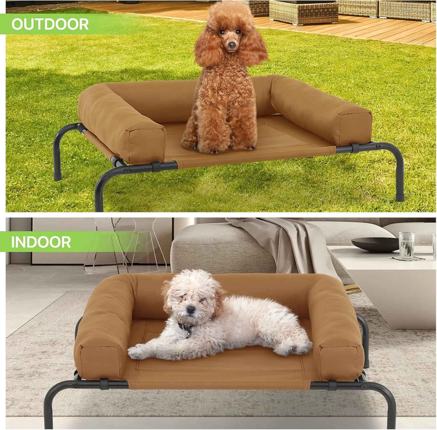 Magshion Outdoor Elevated Dog Bed w/Removable Bolster, Portable Raised Indoor Dog Puppy Cots Beds with Breathable Mesh for Small Dogs up to 25 lbs, Brown