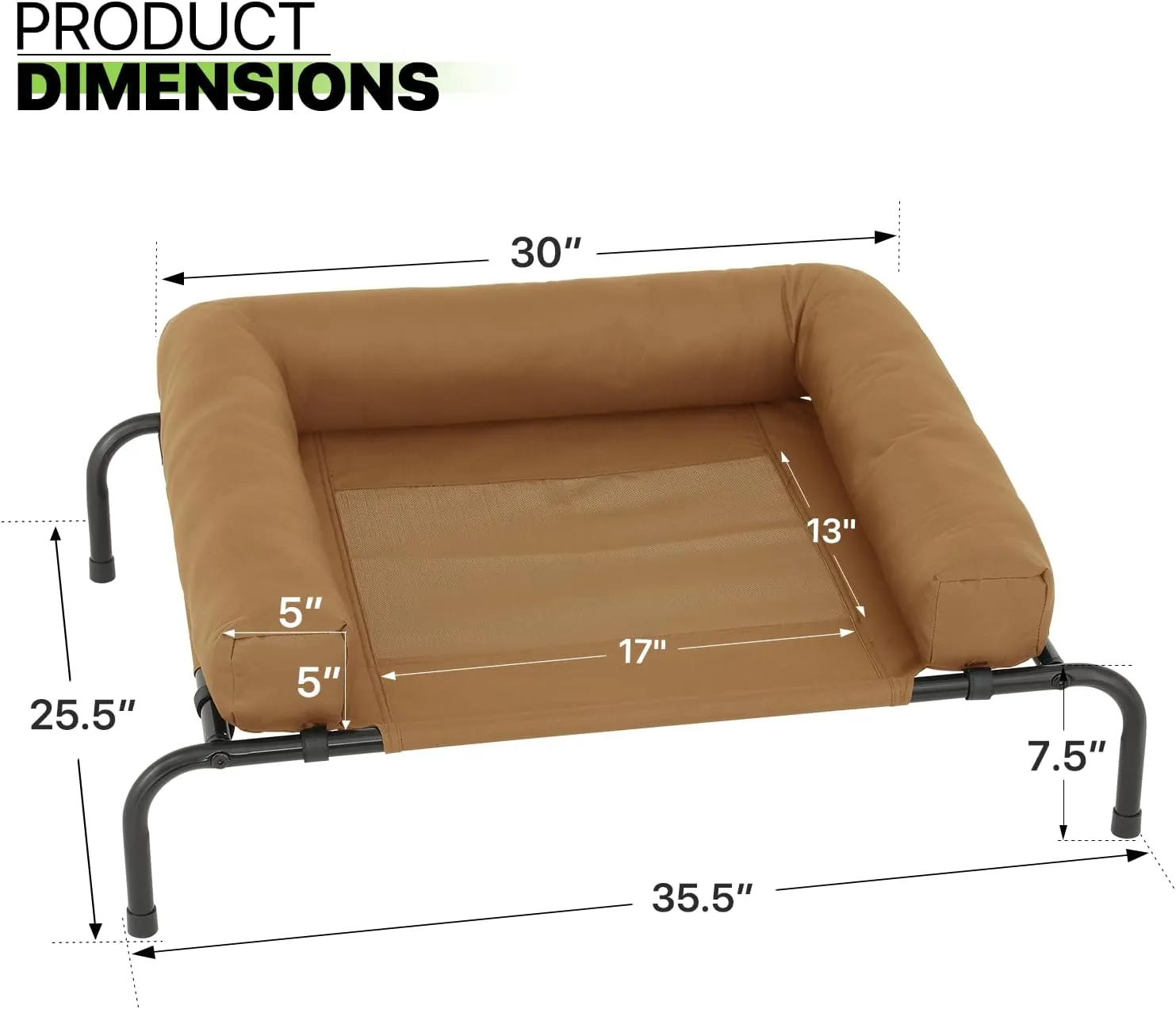 Magshion Outdoor Elevated Dog Bed w/Removable Bolster, Portable Raised Indoor Dog Puppy Cots Beds with Breathable Mesh for Small Dogs up to 25 lbs, Brown