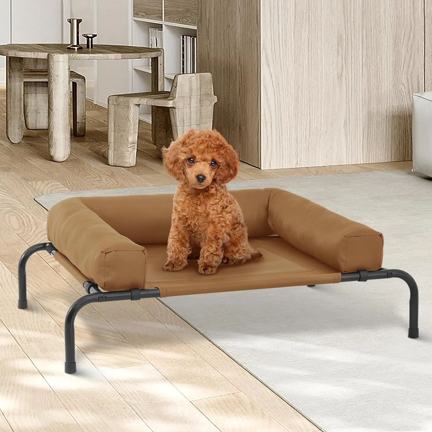 Magshion Outdoor Elevated Dog Bed w/Removable Bolster, Portable Raised Indoor Dog Puppy Cots Beds with Breathable Mesh for Small Dogs up to 25 lbs, Brown