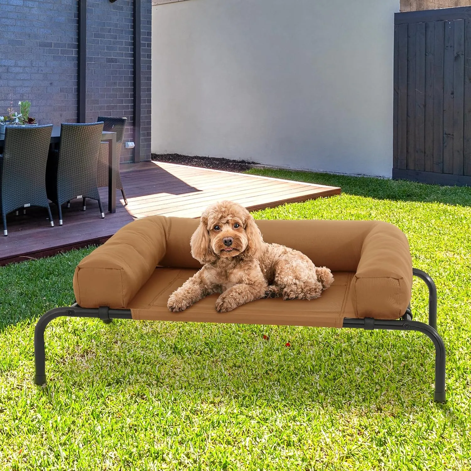 Magshion Outdoor Elevated Dog Bed w/Removable Bolster, Portable Raised Indoor Dog Puppy Cots Beds with Breathable Mesh for Small Dogs up to 25 lbs, Brown
