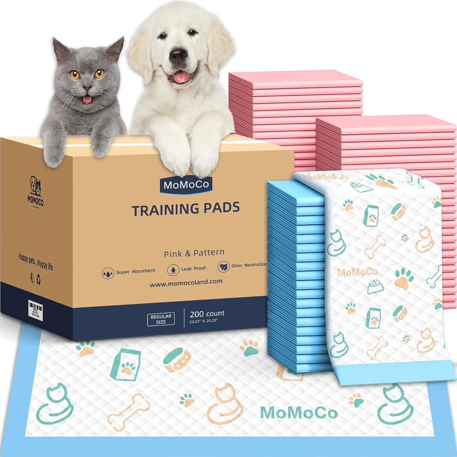 MoMoCo Puppy Pads 23"x23"-100 Count | Dog Pee Training Pads 6-Layer Super Absorbent & Leak-Proof,Disposable Pet Potty Pads for Puppies | Dogs | Cats | Rabbits ( Pattern100 Pink100)