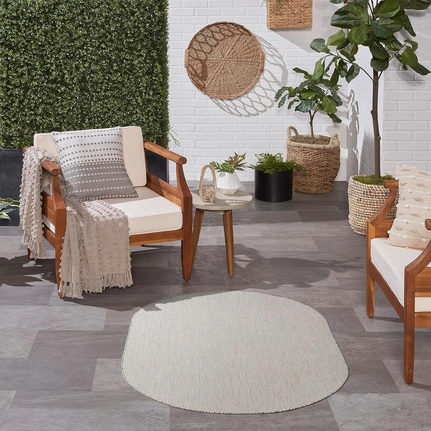 Nourison Courtyard Indoor/Outdoor Ivory Silver 3' x 5' Oval Area Rug, Easy Cleaning, Non Shedding, Bed Room, Living Room, Dining Room, Backyard, Deck, Patio (3x5)