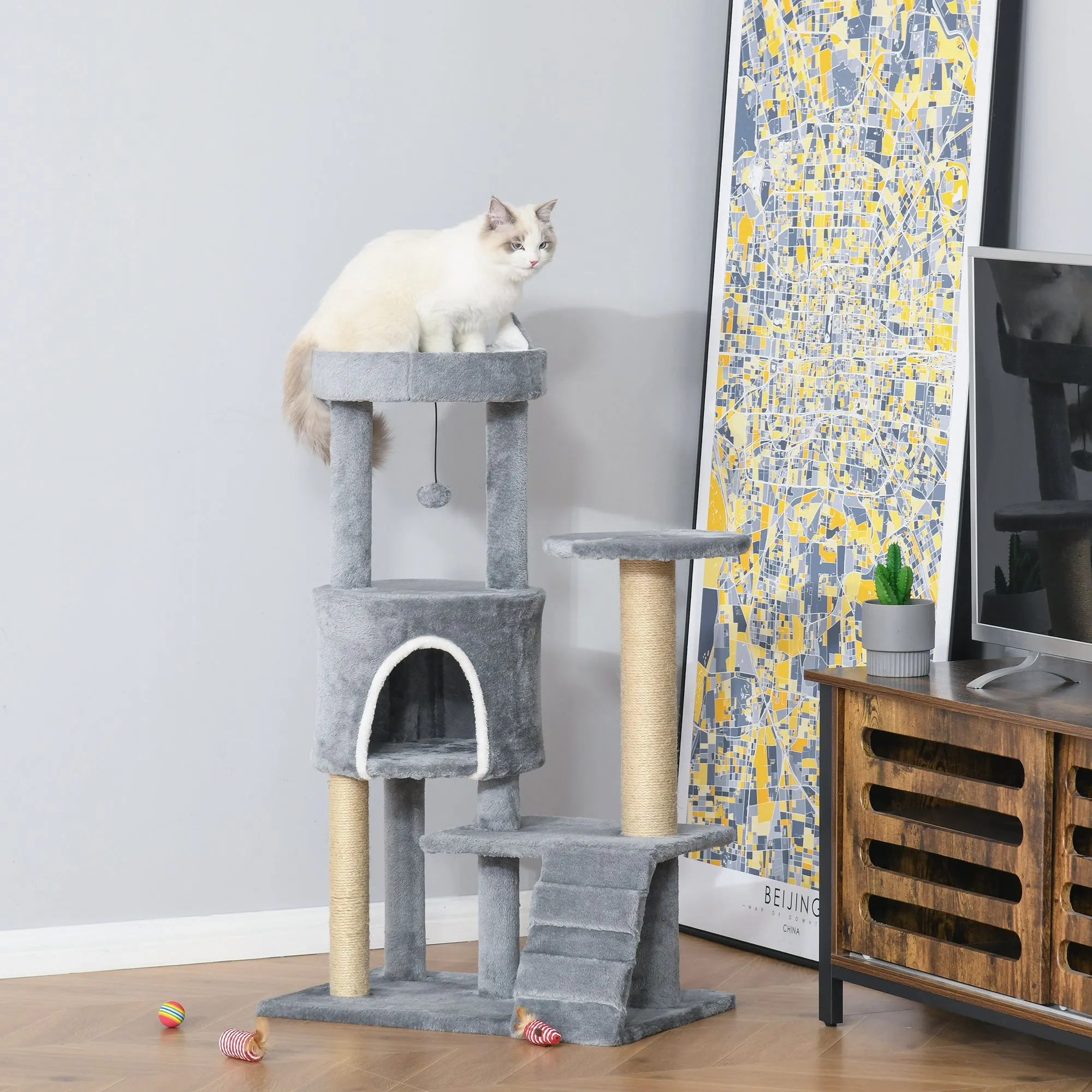 PawHut 100cm Cat Tree with Climbing Ladder Scratching Post Ball, Light Grey