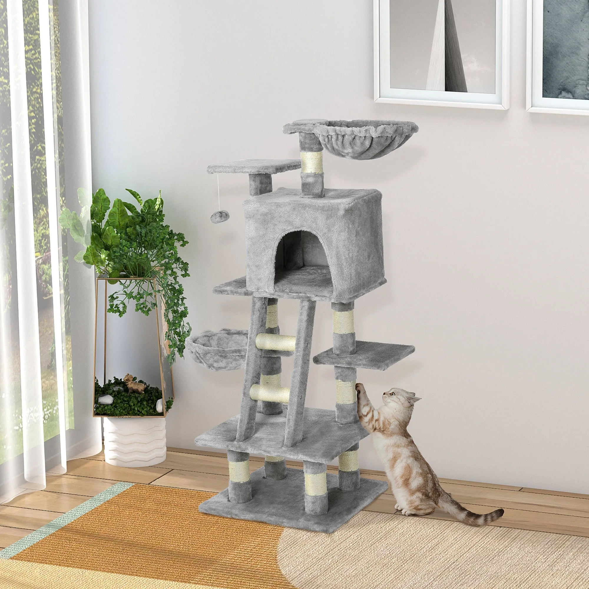 PawHut 125cm Multi-Activity Cat Tree w/ House Baskets Ladder Scratch Post Grey