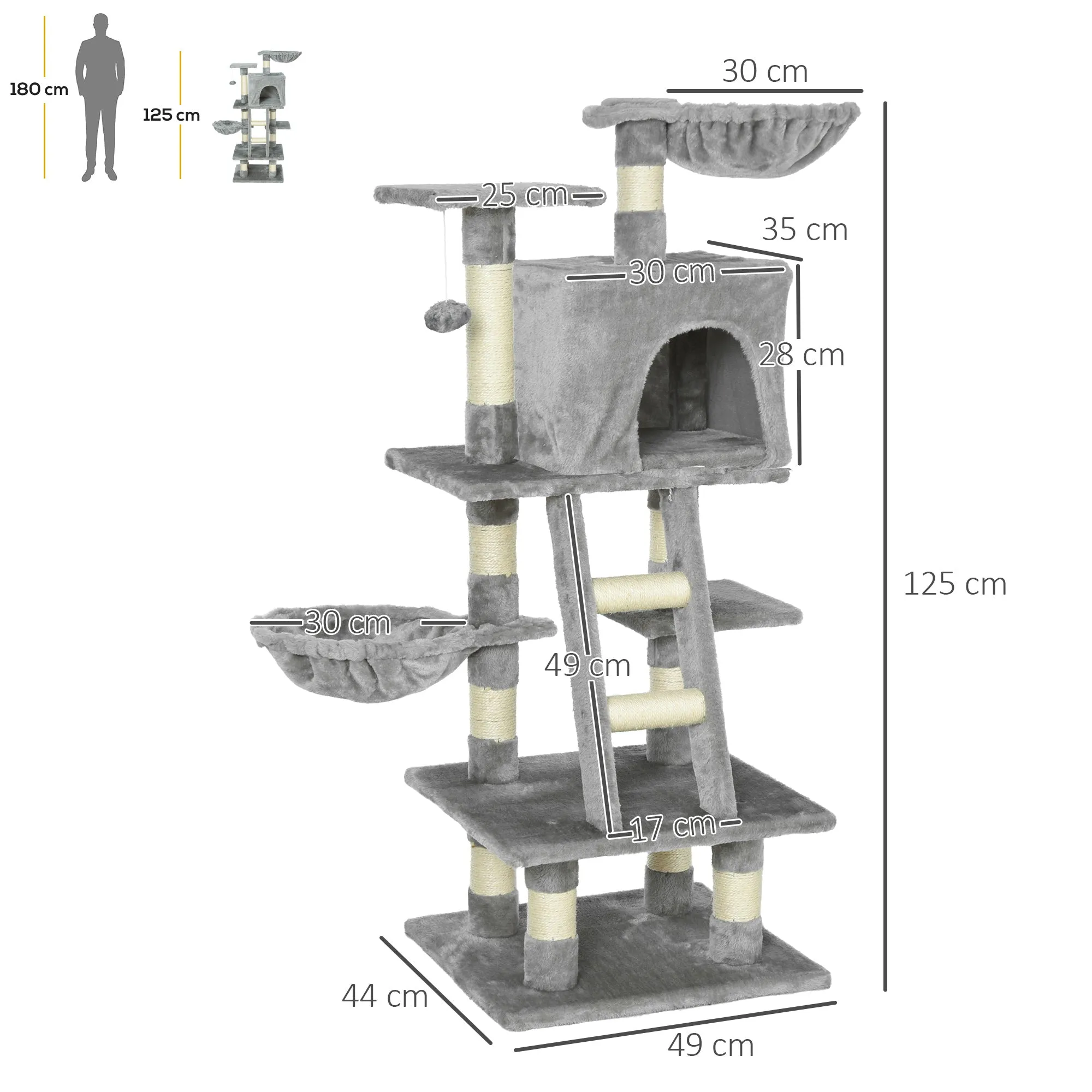 PawHut 125cm Multi-Activity Cat Tree w/ House Baskets Ladder Scratch Post Grey