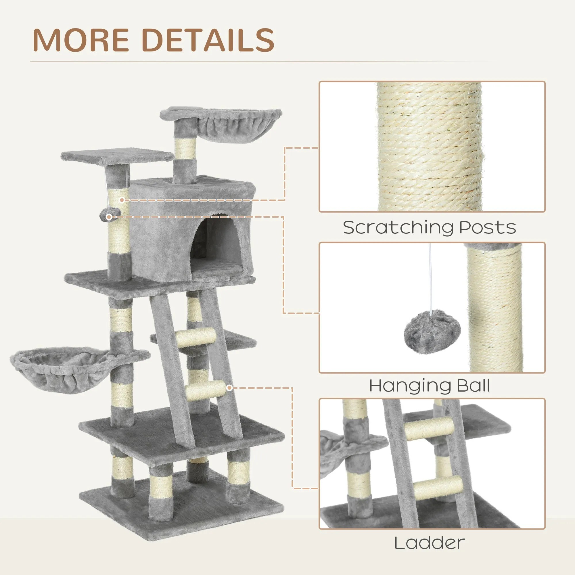 PawHut 125cm Multi-Activity Cat Tree w/ House Baskets Ladder Scratch Post Grey