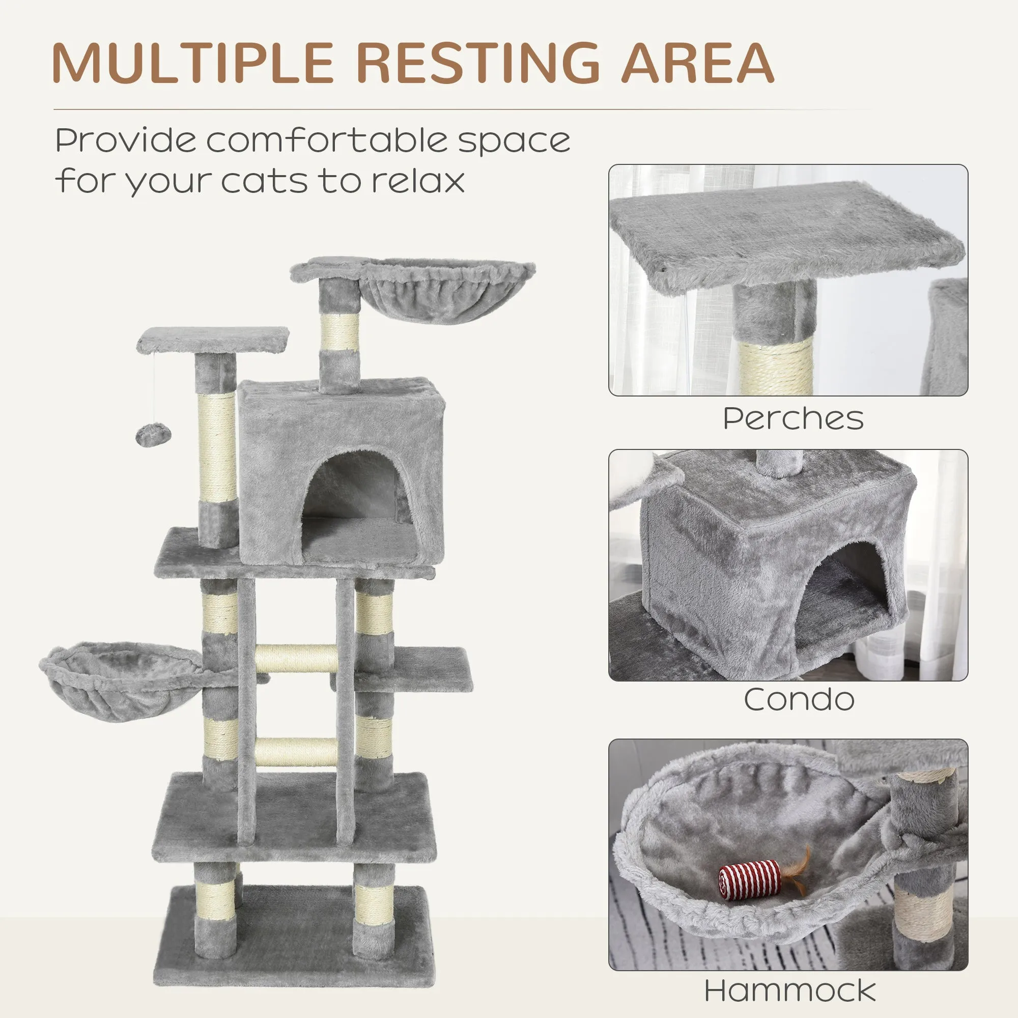 PawHut 125cm Multi-Activity Cat Tree w/ House Baskets Ladder Scratch Post Grey