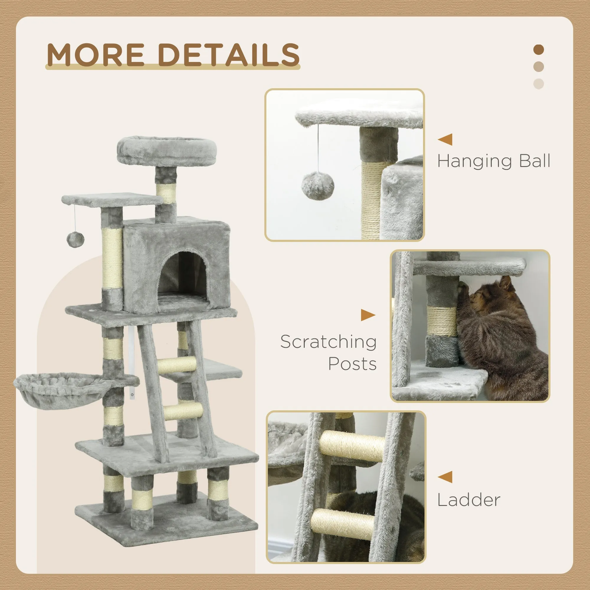 PawHut 132cm Multi-Activity Cat Tree w/ House, Bed, Ladder, Scratch Post - Grey
