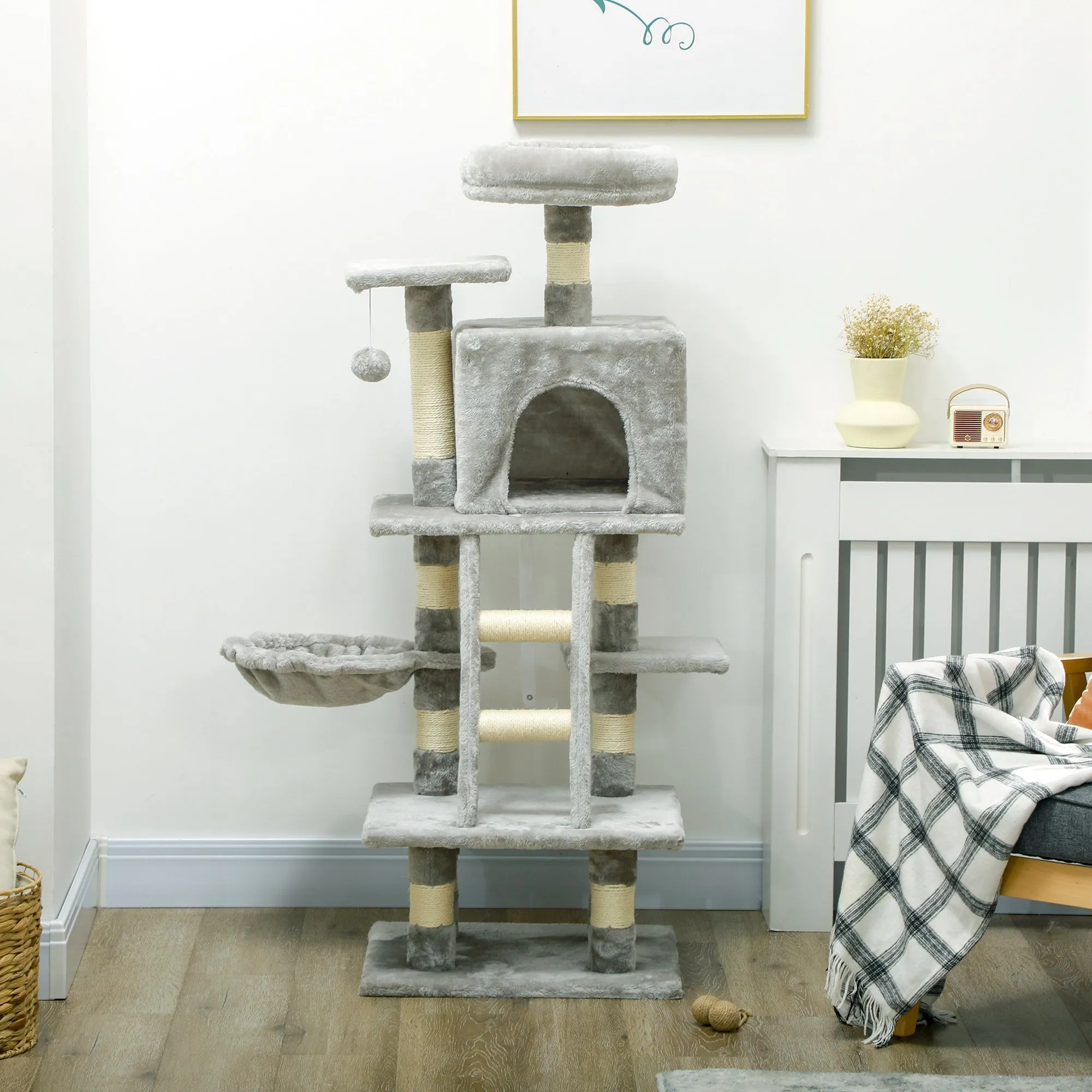 PawHut 132cm Multi-Activity Cat Tree w/ House, Bed, Ladder, Scratch Post - Grey