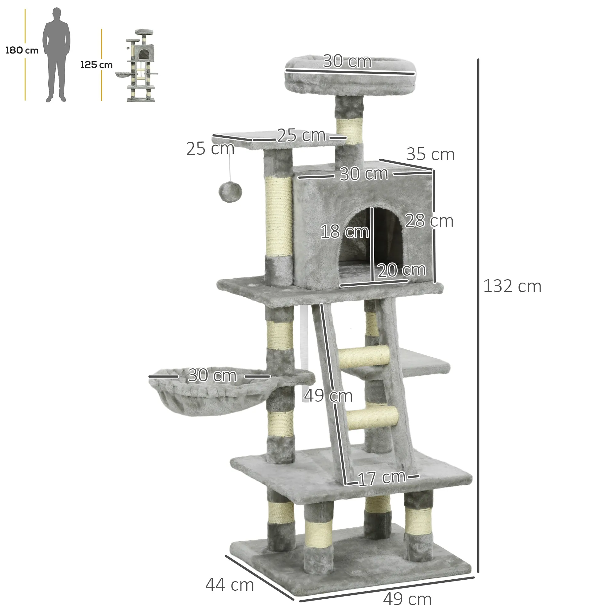 PawHut 132cm Multi-Activity Cat Tree w/ House, Bed, Ladder, Scratch Post - Grey