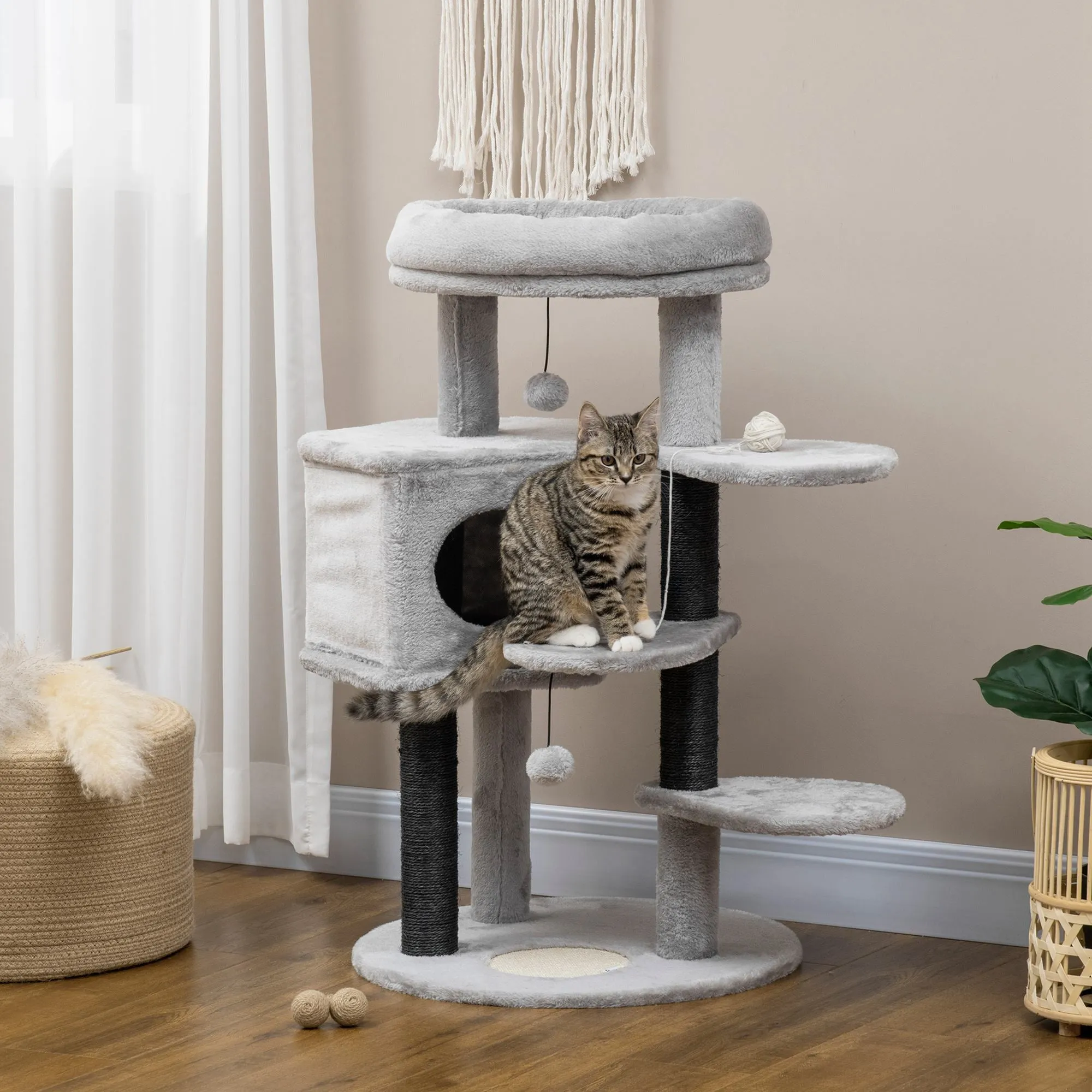 PawHut Cat Tree Cat Tower w/ Ramp, Bed, Cat House, Toy Ball - Light Grey