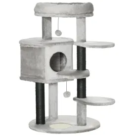 PawHut Cat Tree Cat Tower w/ Ramp, Bed, Cat House, Toy Ball - Light Grey