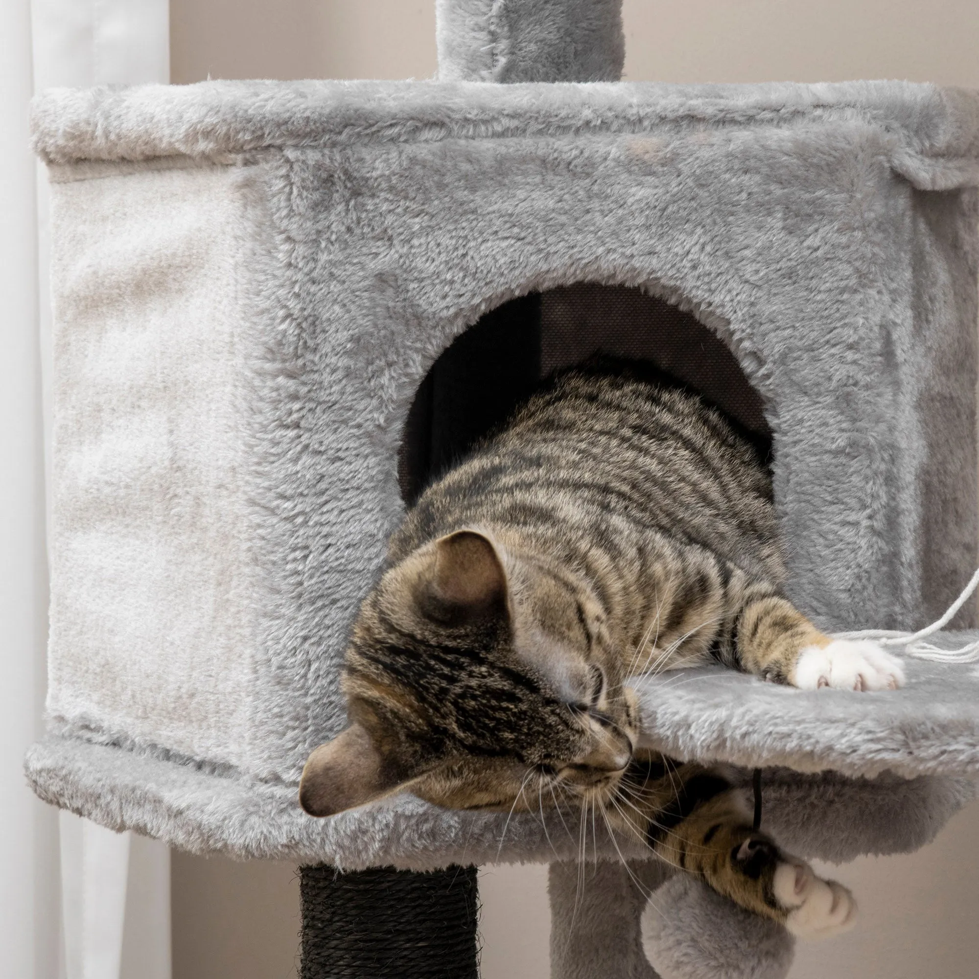 PawHut Cat Tree Cat Tower w/ Ramp, Bed, Cat House, Toy Ball - Light Grey