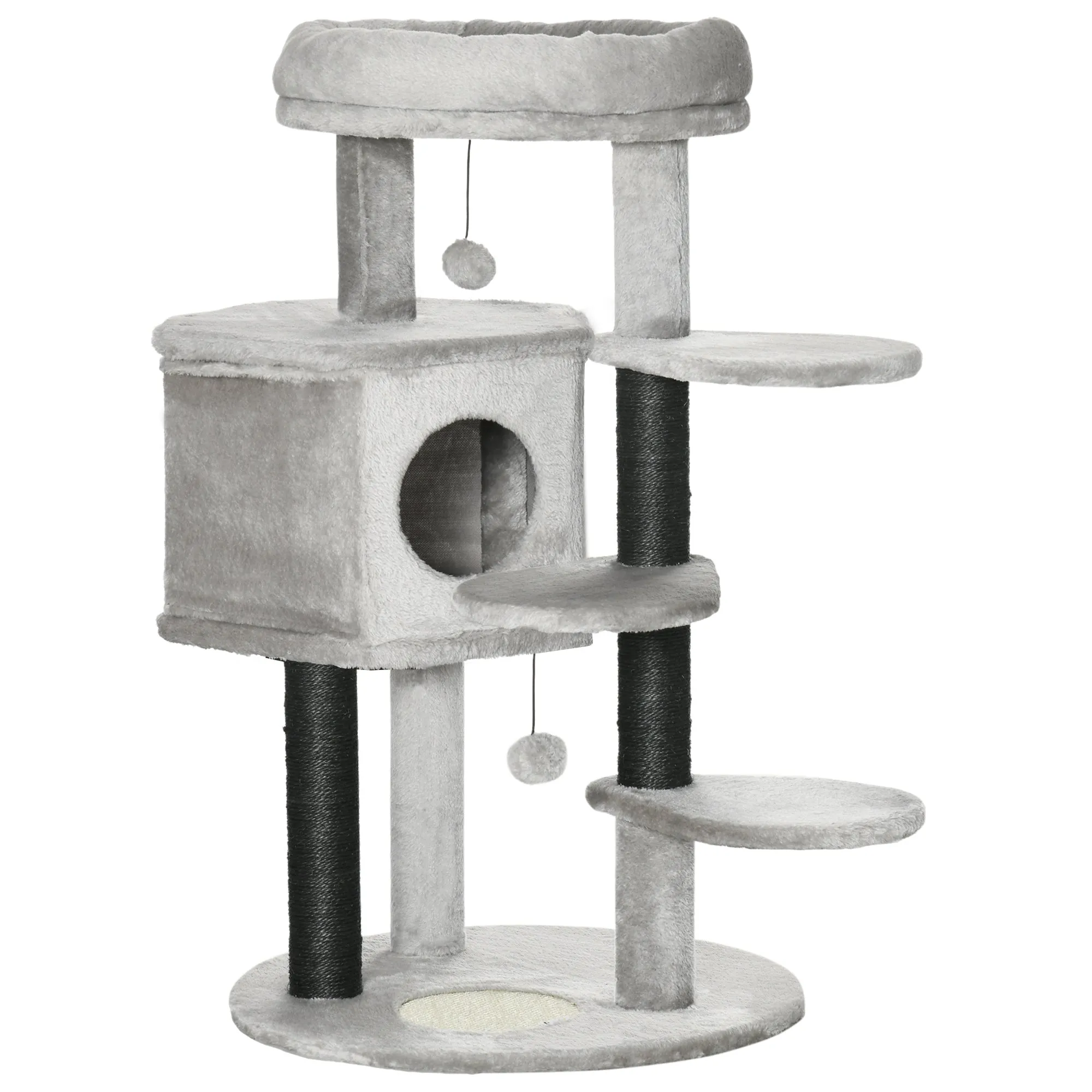 PawHut Cat Tree Cat Tower w/ Ramp, Bed, Cat House, Toy Ball - Light Grey