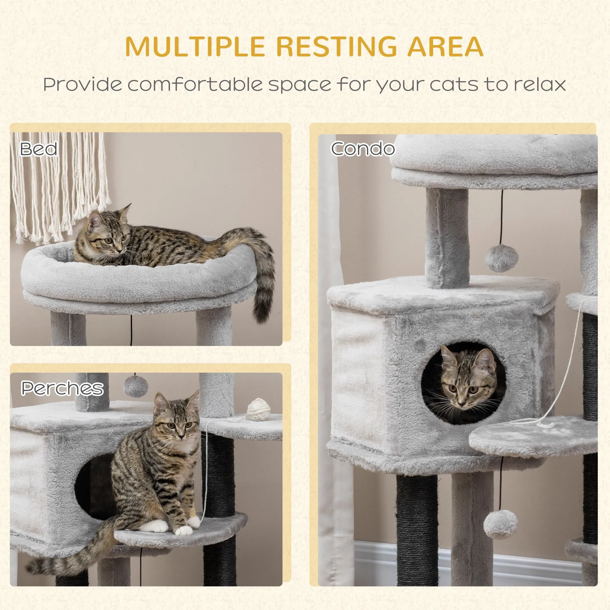 PawHut Cat Tree Cat Tower w/ Ramp, Bed, Cat House, Toy Ball - Light Grey