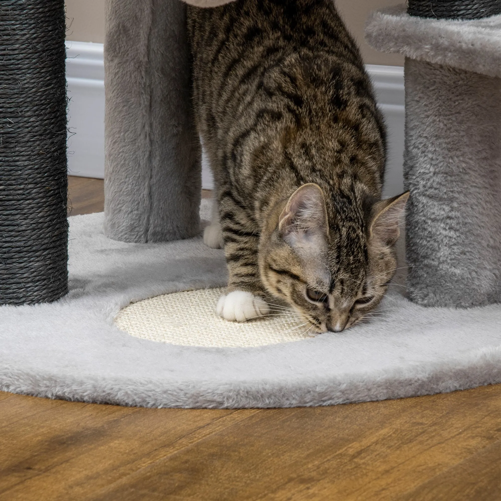 PawHut Cat Tree Cat Tower w/ Ramp, Bed, Cat House, Toy Ball - Light Grey