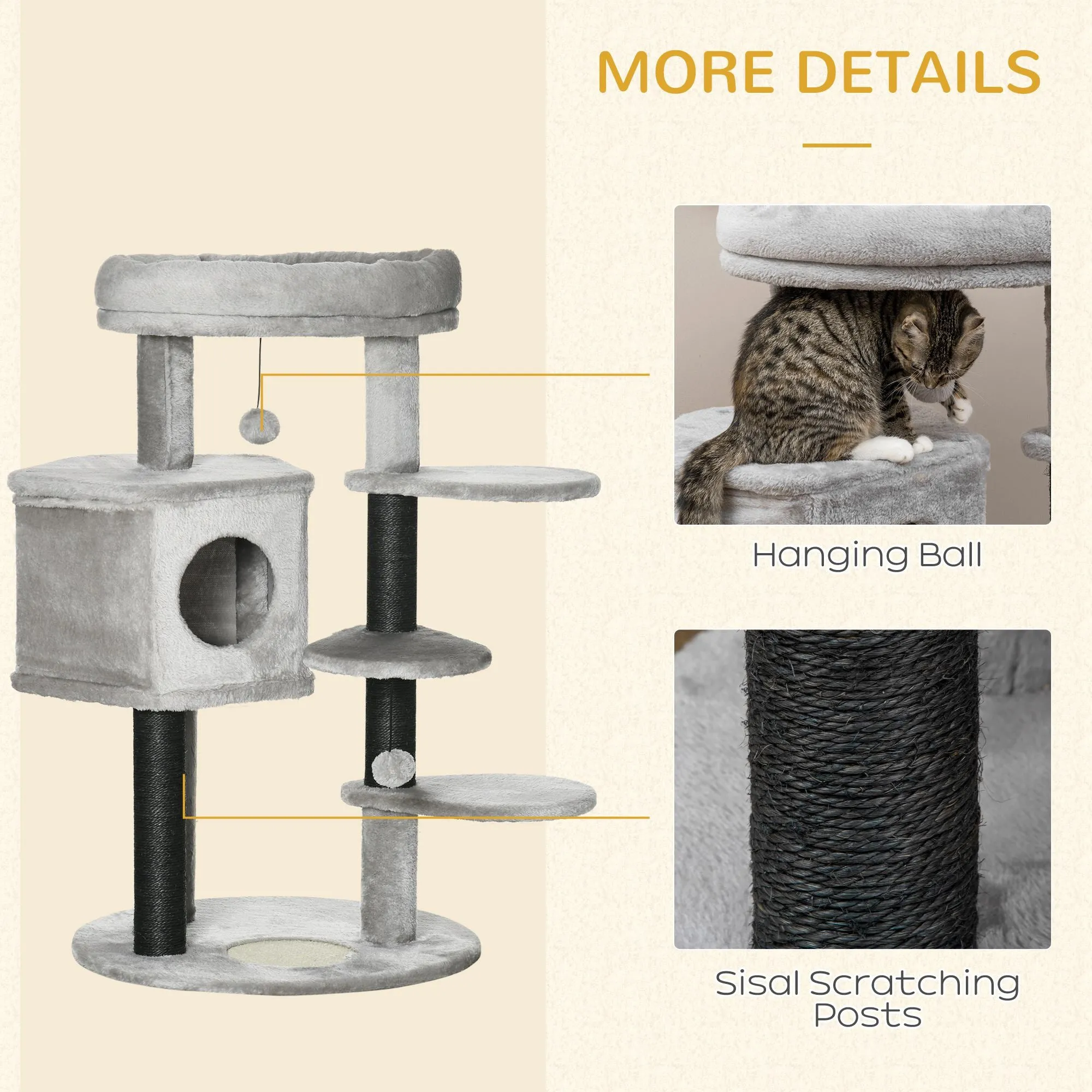 PawHut Cat Tree Cat Tower w/ Ramp, Bed, Cat House, Toy Ball - Light Grey