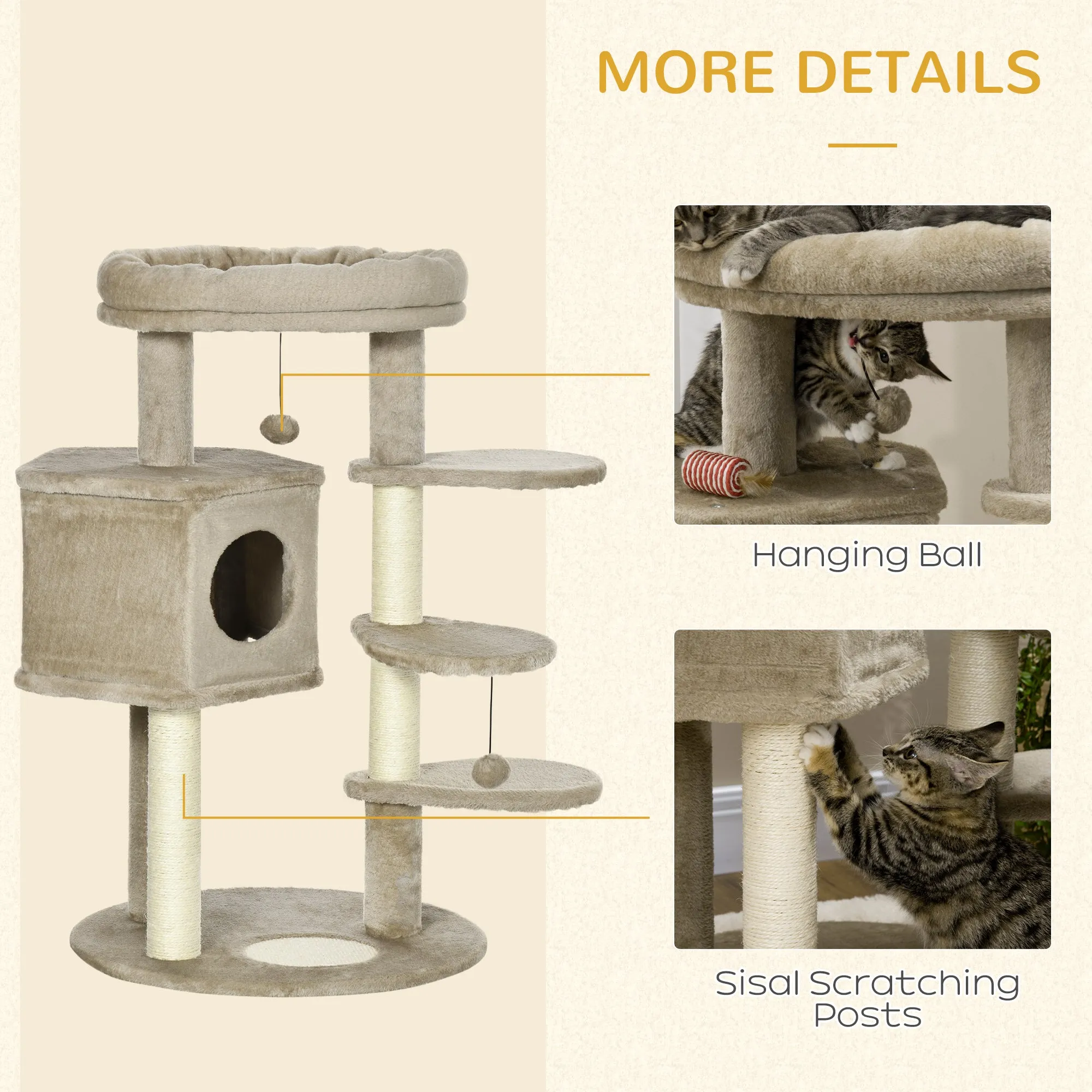 PawHut Cat Tree for Indoor Cats Tower w/ Ramp, Bed, Cat House, Toy Ball - Brown